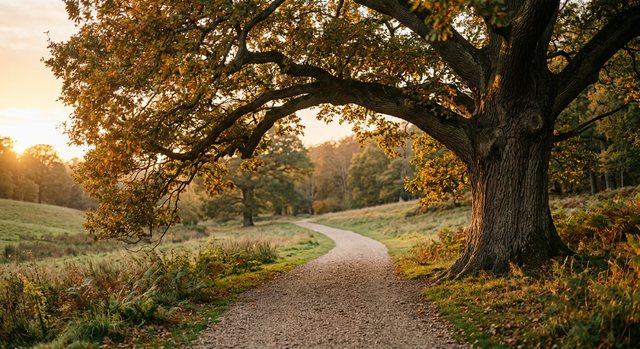 A mature oak arching over a quiet gravel path in long golden light.