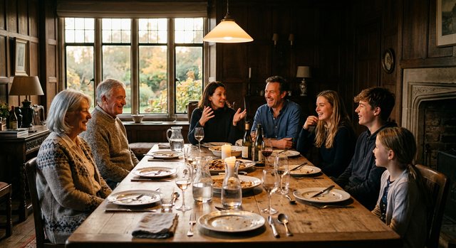 Three generations talking around a long dinner table in lamplight.