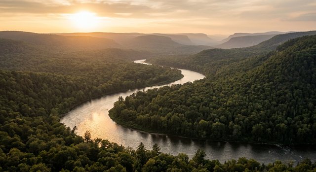 A river winding through a wide wooded valley, low sun along the water.