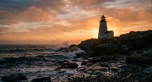 A lighthouse on a rocky headland against a sunset sky.