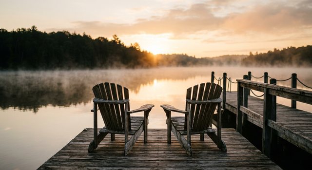 Two wooden chairs at the end of a dock facing a still lake at sunrise.